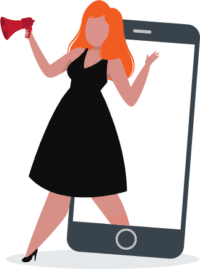 This flat-design illustration shows a vibrant influencer with red hair, wearing a black dress and high heels, emerging from a smartphone screen. She's holding a red megaphone, symbolizing an influencer marketing agency driving creative campaigns and engaging audiences. It represents digital promotion, influencer partnerships, and the dynamic reach of social media marketing.