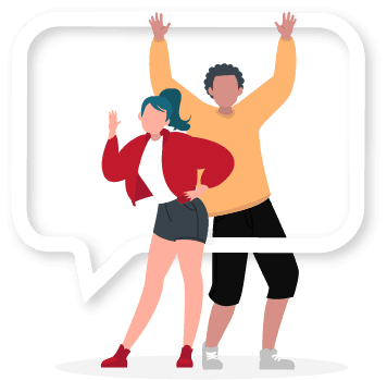 This image is a flat-design illustration featuring two young, diverse people (an influencer duo) standing inside a large speech bubble. The woman, on the left, has blue hair and wears a red jacket, white top, and dark shorts, posing confidently. The man, on the right, wears a yellow long-sleeved shirt and black shorts, with his arms raised in excitement. This visual represents social media engagement, influencer collaboration, and the dynamic communication inherent in influencer marketing campaigns. It also highlights the diverse talent pool for creative content.
