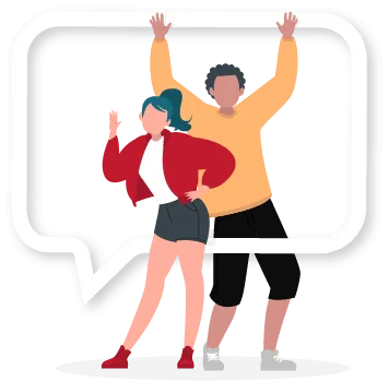 This image is a flat-design illustration featuring two young, diverse people (an influencer duo) standing inside a large speech bubble. The woman, on the left, has blue hair and wears a red jacket, white top, and dark shorts, posing confidently. The man, on the right, wears a yellow long-sleeved shirt and black shorts, with his arms raised in excitement. This visual represents social media engagement, influencer collaboration, and the dynamic communication inherent in influencer marketing campaigns. It also highlights the diverse talent pool for creative content.