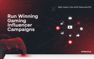 Gaming influencer marketing graphic with a glowing controller, text 'Run Winning Gaming Influencer Campaigns,' and connected icons representing social media engagement, analytics, and content creation, emphasizing 'Right creators. Clear briefs. Measurable ROI.