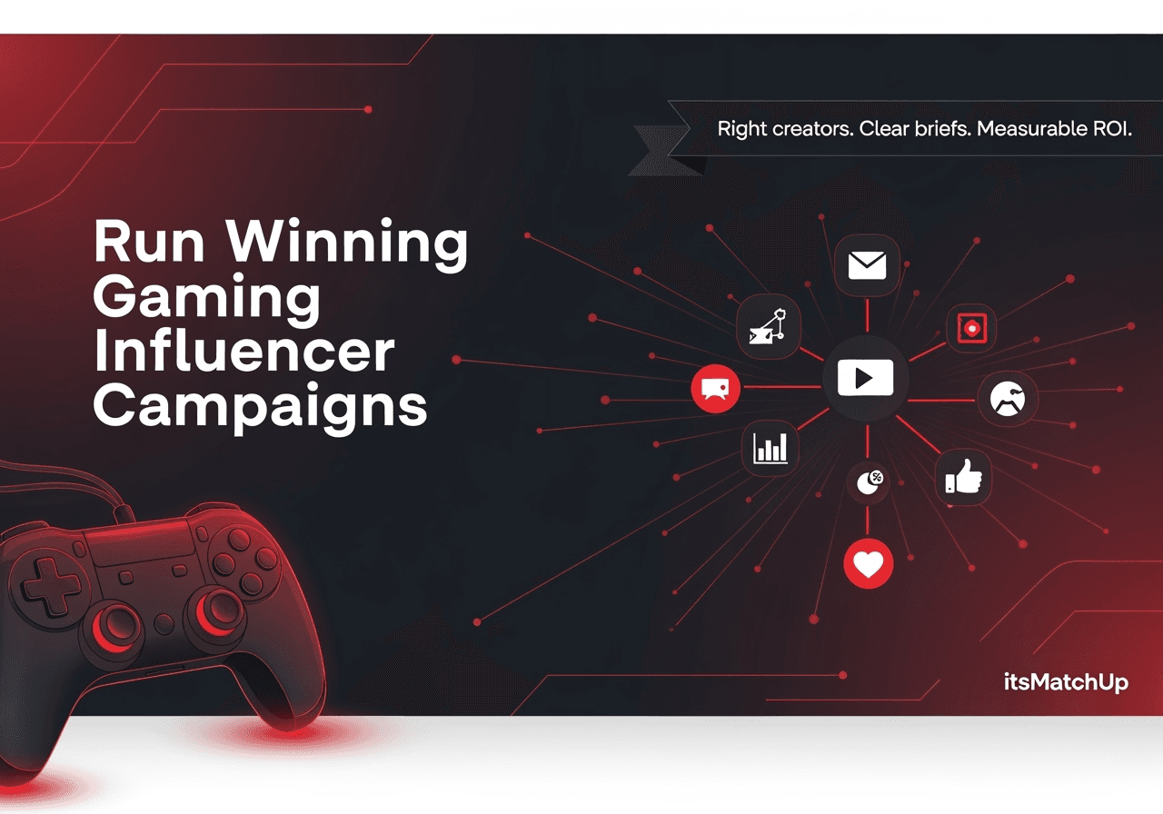 Gaming influencer marketing graphic with a glowing controller, text 'Run Winning Gaming Influencer Campaigns,' and connected icons representing social media engagement, analytics, and content creation, emphasizing 'Right creators. Clear briefs. Measurable ROI.