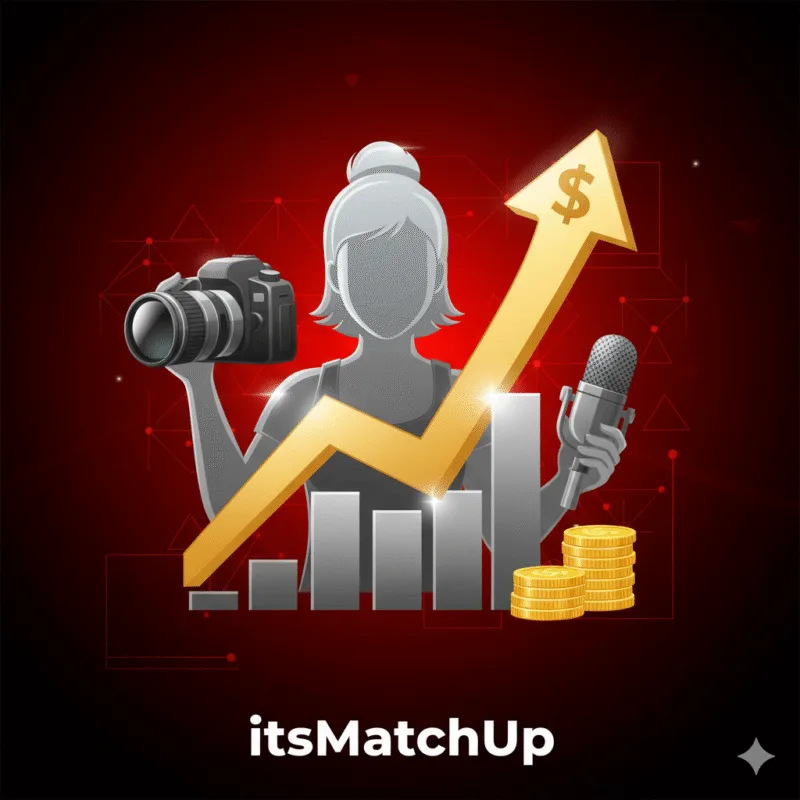 image for creators Graphic of a content creator with camera and microphone, beside a gold upward arrow and bar chart showing growth, on a red and black background for itsMatchUp